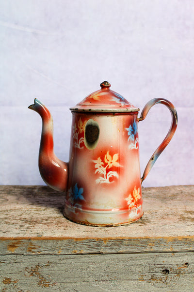 Vintage French Coffee Pot in Pink Enamelware, With Cherry Design