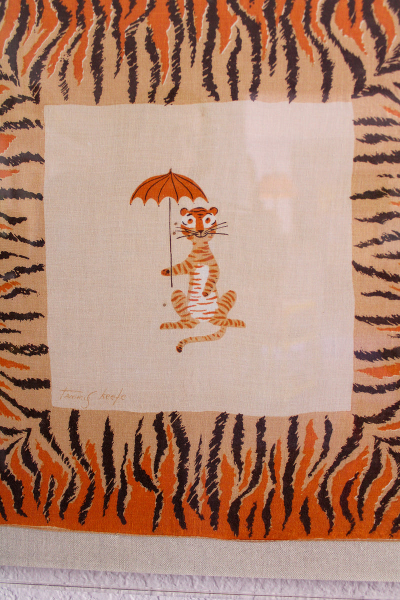 Framed Mid Century Handkerchief - "Safari Tiger with Umbrella"