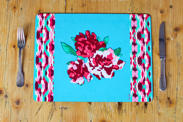 Rectangular Dali' Peony Placemat - Turquoise