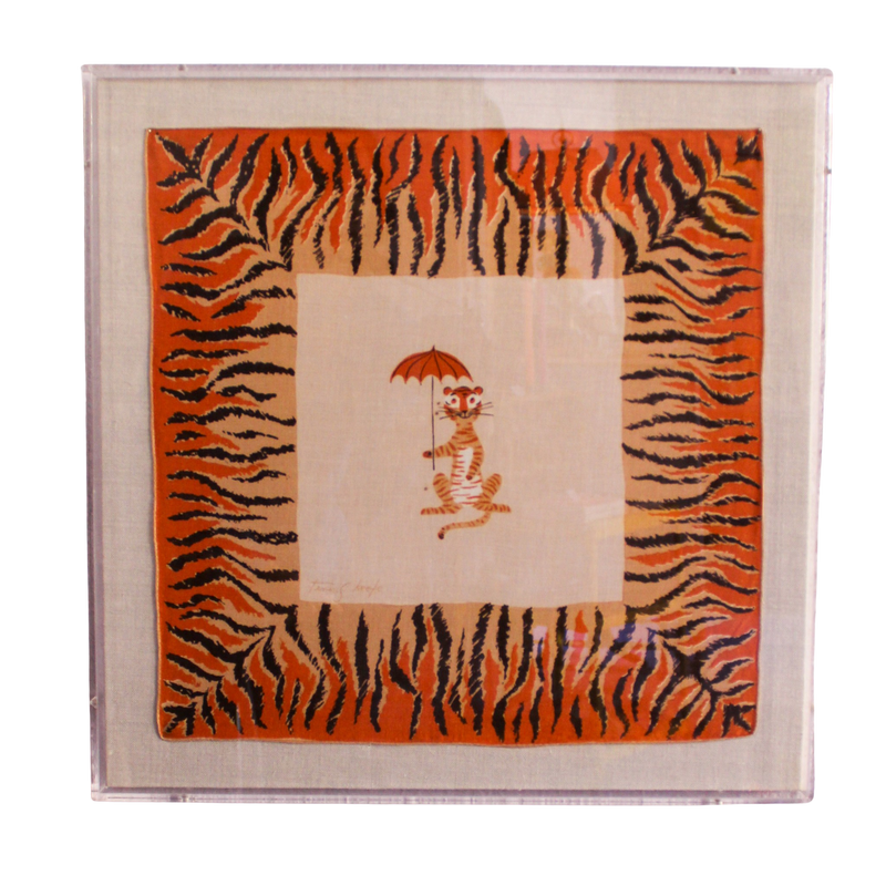 Framed Mid Century Handkerchief - "Safari Tiger with Umbrella"