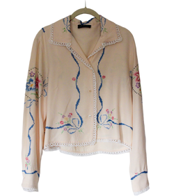 Linen Boxy Shirt - 1950s Hand Embroidered Floral