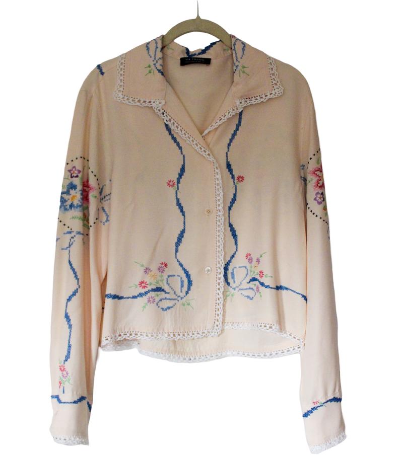 Linen Boxy Shirt - 1950s Hand Embroidered Floral