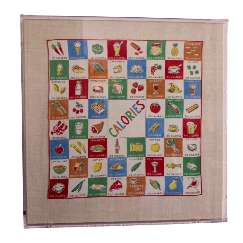 Framed Mid Century Handkerchief - "Calories" (Clear Frame)