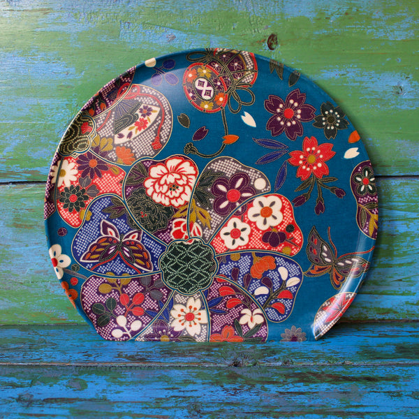 Japanese Textile Half Moon Tea Tray - Blue Flowers