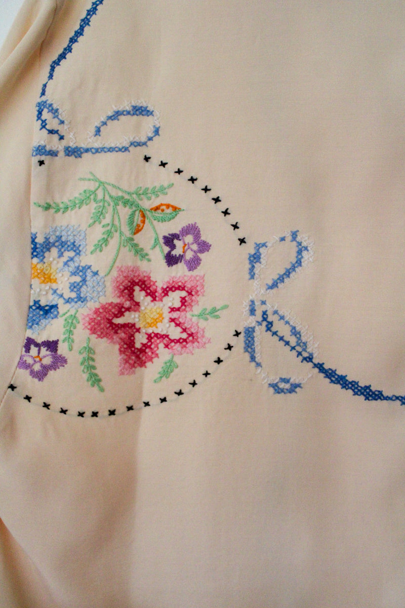 Linen Boxy Shirt - 1950s Hand Embroidered Floral