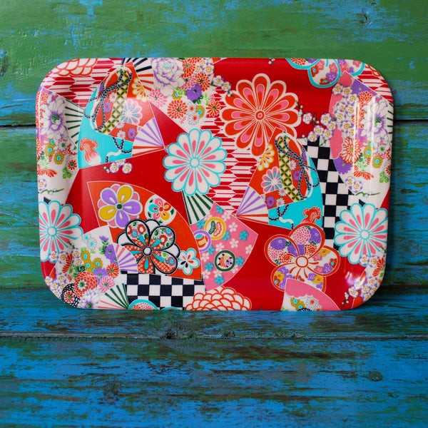 Japanese Textile Rectangle Tea Tray - Red Fan