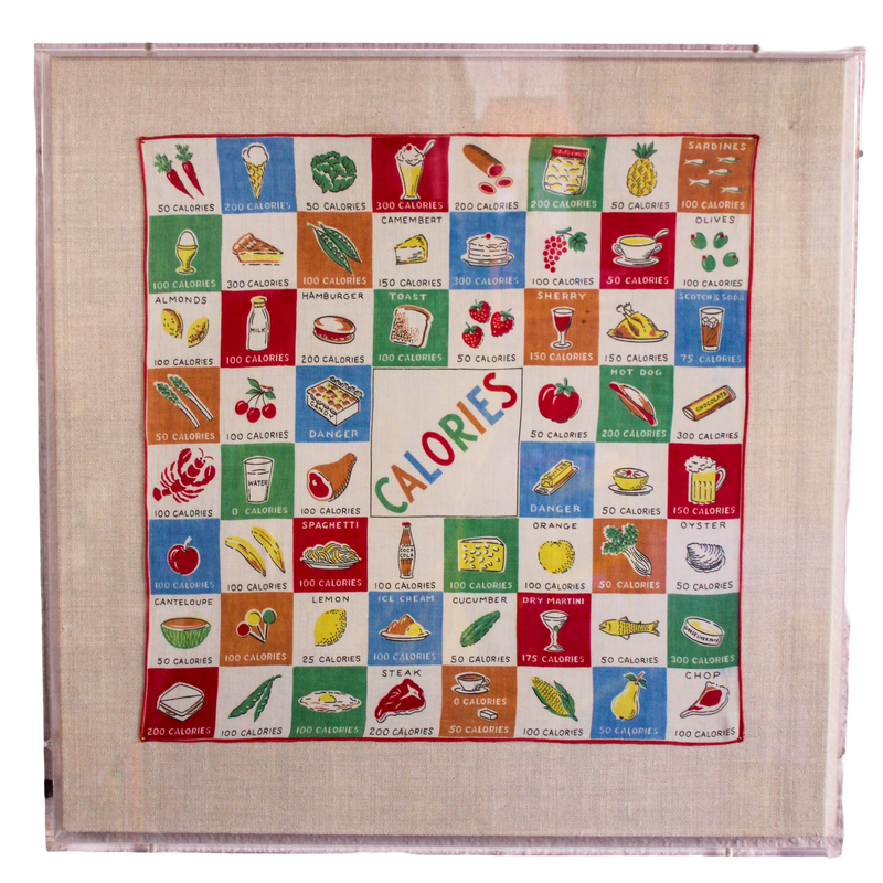 Framed Mid Century Handkerchief - "Calories" (Clear Frame)