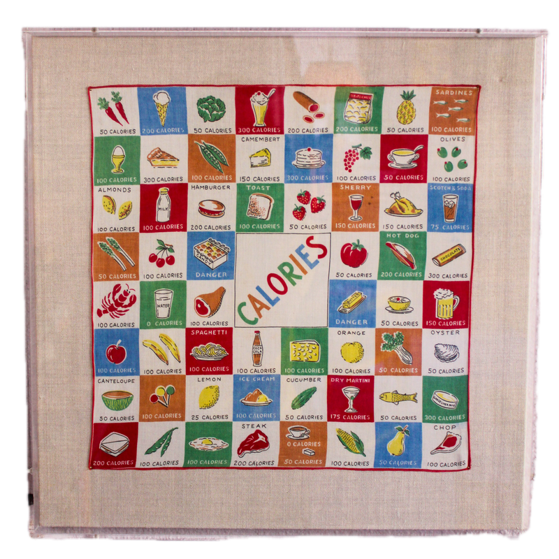 Framed Mid Century Handkerchief - "Calories" (Clear Frame)