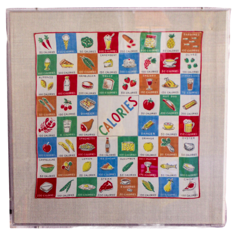 Framed Mid Century Handkerchief - "Calories" (Clear Frame)