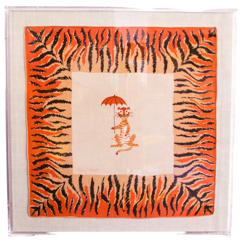 Framed Mid Century Handkerchief - "Safari Tiger with Umbrella"