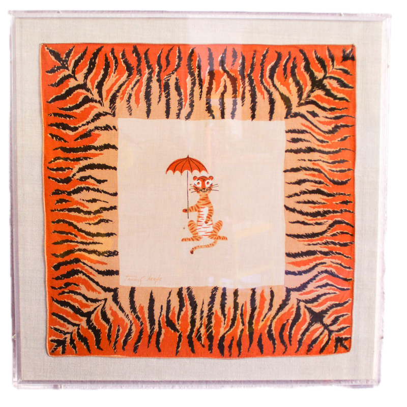 Framed Mid Century Handkerchief - "Safari Tiger with Umbrella"