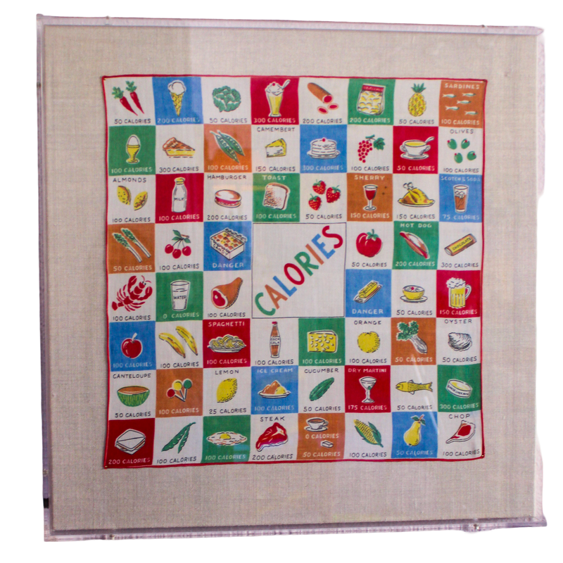 Framed Mid Century Handkerchief - "Calories" (Clear Frame)