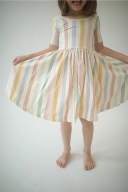 Short Sleeve Twirl Dress - Pastel Stripes